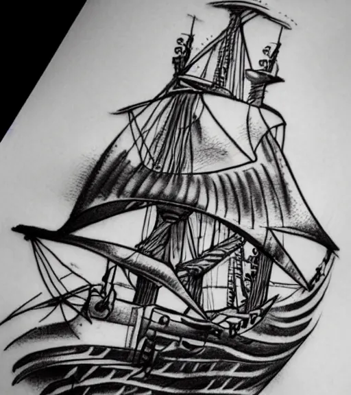 Prompt: A realistic tattoo design sketch of a pirate ship, paper background, black and white, highly detailed tattoo, shaded tattoo, hyper-realistic tattoo