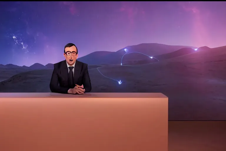 Prompt: vfx film, john oliver interviews spacex teslabot sleek assistant robot, last week tonight with john oliver, flat color profile low - key lighting award winning photography arri alexa cinematography, hyper real photorealistic cinematic, atmospheric cool colorgrade