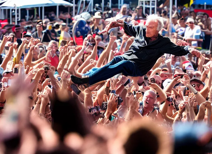 Image similar to photo still of clint eastwood on stage at vans warped tour!!!!!!!! at age 6 8 years old 6 8 years of age!!!!!!!! stage diving into the crowd, 8 k, 8 5 mm f 1. 8, studio lighting, rim light, right side key light