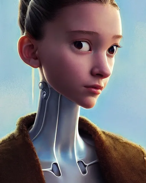 Prompt: weta disney pixar movie still head and torso portrait photo of young millie alicia bobby vikander brown with a white ponytail as thoughtful intricate detailed mechanical white plastic cyborg girl by pixar, by weta, wlop, ilya kuvshinov, rossdraws, artgerm, latex, iridescent, bright morning, anime, liosh, mucha