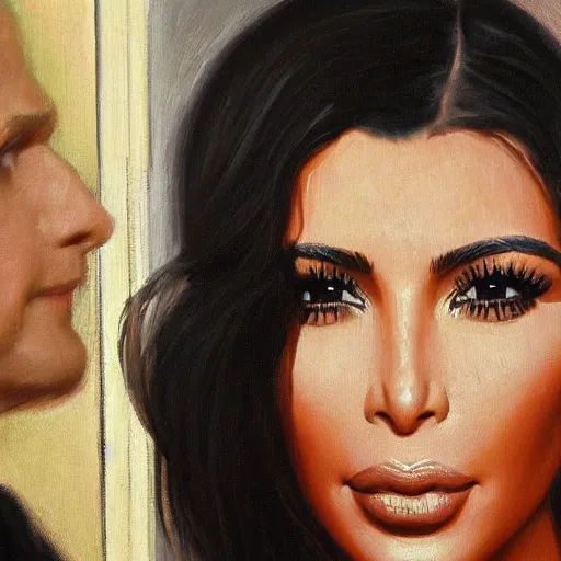 Prompt: kim kardashian at a diner, head and shoulders portrait, extremely detailed masterpiece, roger deakin ’ s cinematography, oil on canvas, norman rockwell.