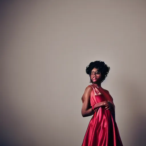 Prompt: portrait photograph of an glamorous black woman wearing a dress in a ballroom. super resolution. 85 mm f1.8 lens.bokeh.graflex. Alessio albi