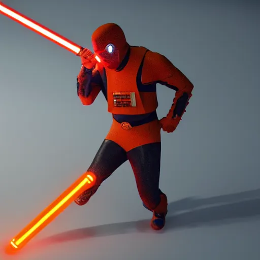 Image similar to rex orange county as a superhero holding an orange lightsaber, highly detailed, octane render, rendered in unreal engine 5, 8 k, hyperrealistic, trending on artstation