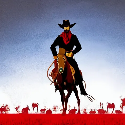 Prompt: a cowboy in the style of red dead redemption, lucky luke, the good, the bad and the ugly, clint eastwood, steven seagal, donald trump, glory days, patriotism