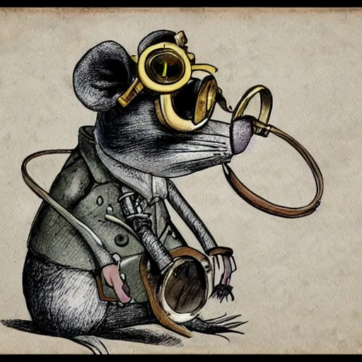 Image similar to a rat with steampunk googles, by Raymond Briggs