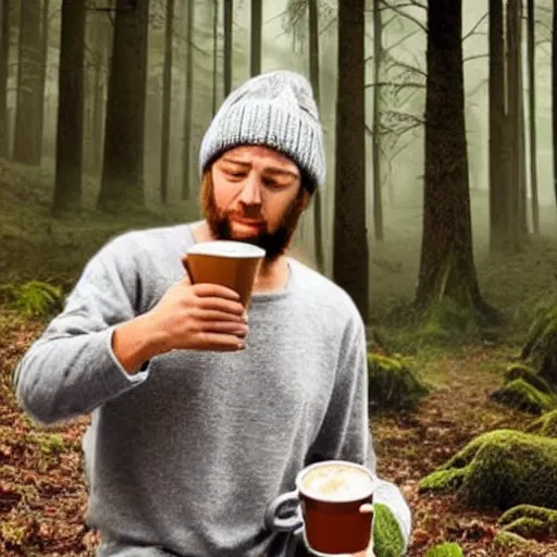 Image similar to dude drinking mug of hot coffee!!!!!!! in a mystical fantasy forest!!!!!!!!!