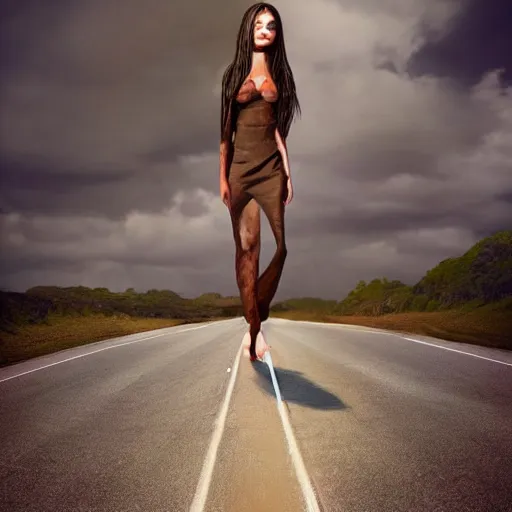 Image similar to a fashion model, creative, brown skin, digital art, photo manipulation, colossal, artstation, standing, giant, road,