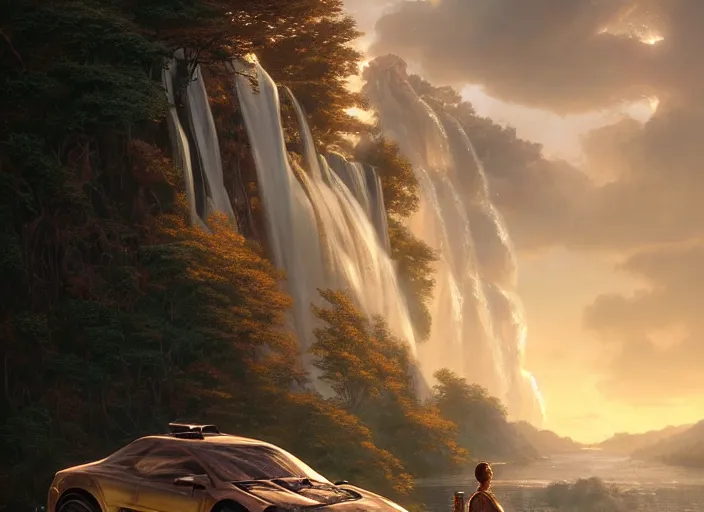 Image similar to detailed intricate digital illustration by greg rutkowski and artgerm and wlop and sanford robinson gifford ; 2 0 0 4 vehicle, shimmering waterfall in background ; 1 3 mm film, arri alfa anamorphic lens ; sharp focus, golden hour lighting, trending on artstation 4 k ; close view