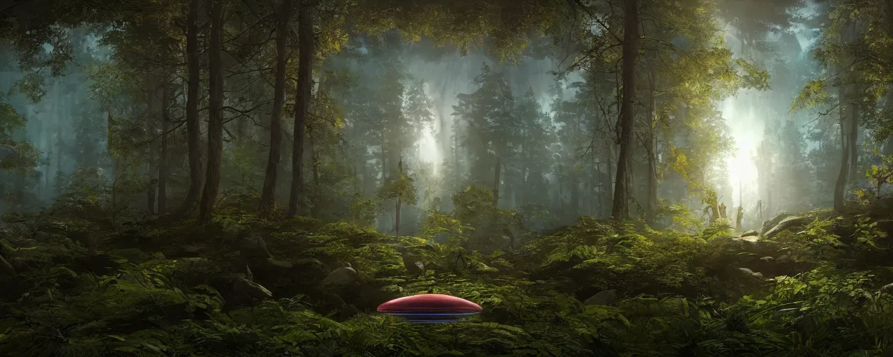 Prompt: an ufo flying in the forrest, beautiful dynamic lighting, cinematic, wide angle establishing shot, extremely high detail, photo realistic, cinematic lighting, post processed, concept art, artstation, matte painting, style by frederic church, raphael lacoste, unreal engine 8 k