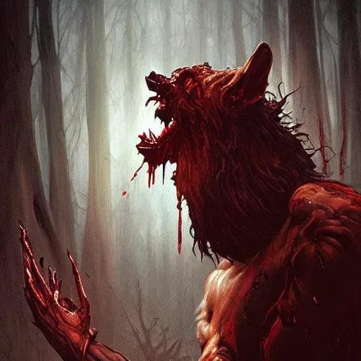 Prompt: Dark Fantasy Painting of a werewolf with blood dripping from its mouth, creepy, unsettling, horror, upper body, intricate, wild, highly detailed, digital painting, artstation, concept art, smooth, sharp focus, illustration, art by artgerm and greg rutkowski and alphonse mucha