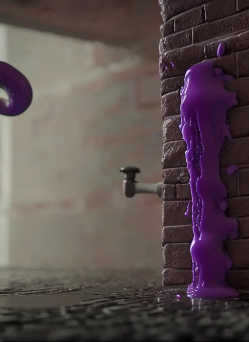 Image similar to intricate faucet with purple slime coming out of it, attached to a brick wall, the slime is oozing on the ground next to the faucet. Very detailed 8k. Fantasy cyberpunk. Sharp. Cinematic post-processing