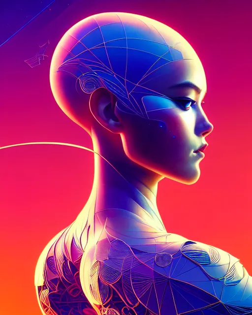 Prompt: ultra detailed, beautiful female android, side portrait, sharp focus, highly detailed vfx portrait, scribble art, speed painting, geometric shapes, global illumination, by james jean and moebius!! and artgerm and liam brazier and victo ngai and tristan eaton. detailed, vector art, digital illustration, concept art. 8 k, hdr