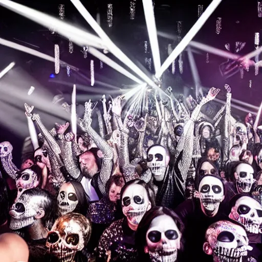 Image similar to professional nightclub photo, a giant crowd of realistic shiny reflective chrome skeletons covered in diamonds dancing wildly and sensually, inside a black fancy high-end highly-themed nightclub with haze and blue lasers