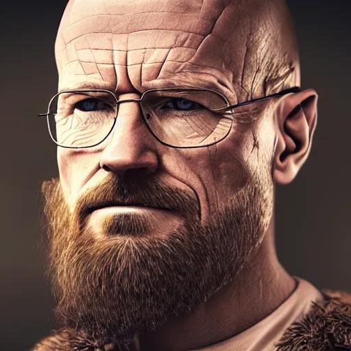 Prompt: hyperrealistic photograph of a brown-haired viking Walter White, 8k, profile picture, cinematic, high contrast, epic real fantasy, stoic facial expression, looking at the camera