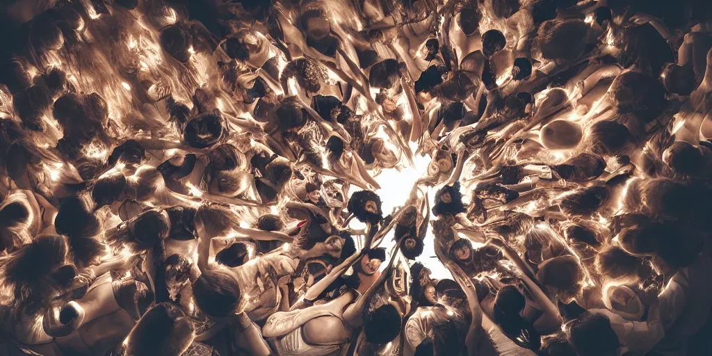 Image similar to love, groups of translucent people with long glowing hair, from above, rebirth, wide angle, cinematic atmosphere, elaborate, highly detailed, dramatic lighting