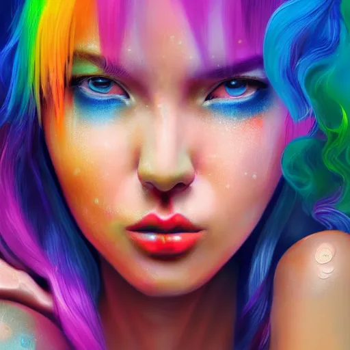 Image similar to a digital painting of a woman in the rain with blue hair, dynamic multicolored background, with cute - fine - face, pretty face, oil slick multicolored hair, perfect face, extremely fine details, realistic shaded lighting, by jinsung lim, cgsociety, synchromism, detailed painting, glowing neon, digital illustration