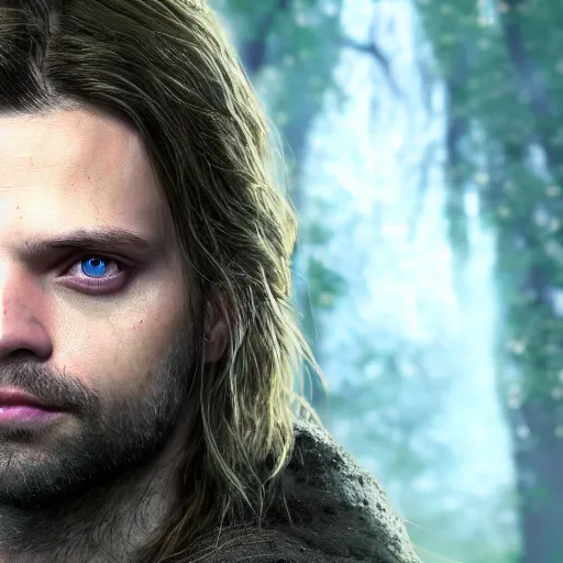 Image similar to a digital art close up portrait of pale sebastian stan as ancient druid mage from warcraft, old witcher with long beard character sheet, 4 k, ultra detail, volumetric lighting, unreal engine, octane render