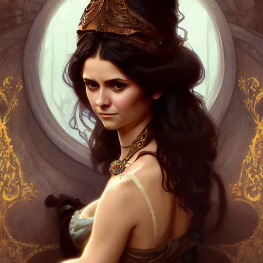 Image similar to Nina Dobrev dressed in a victorian fashion, D&D, fantasy, intricate, elegant, highly detailed, digital painting, artstation, concept art, matte, sharp focus, illustration, art by Artgerm and Greg Rutkowski and Alphonse Mucha