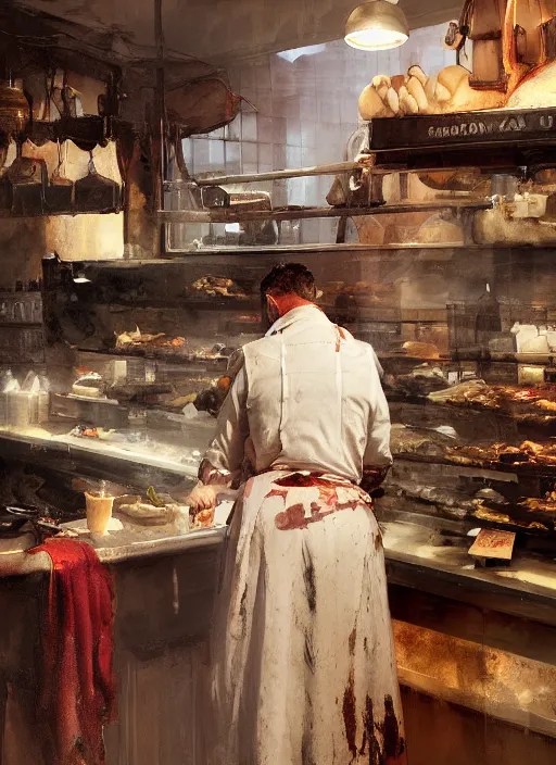 Prompt: portrait of a old butcher, bloodstained apron, at a butcher shop, dramatic lighting, dimly lit, medium view, asymmetrical, intricate, elegant, flies, matte painting, by greg rutkowski and greg tocchini and james gilleard and sargent and leyendecker and greg manchess