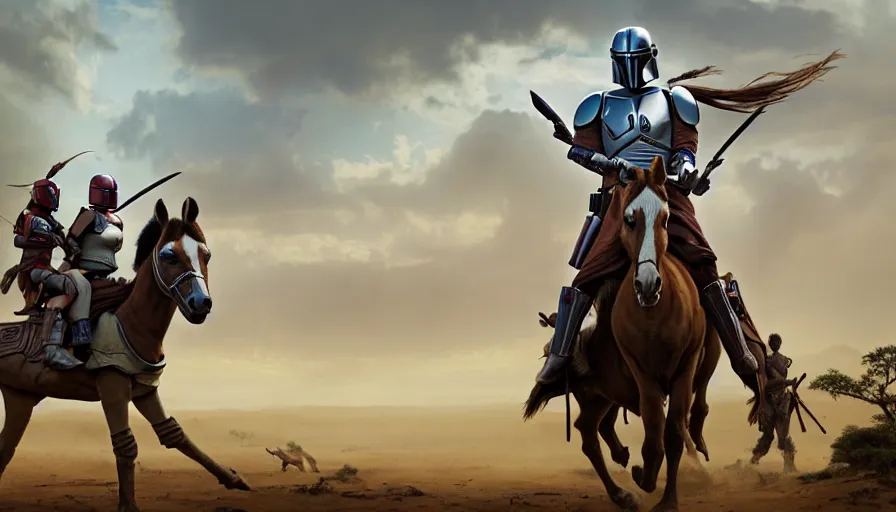 Image similar to mandalorian riding a horse through madagascar with baobabs trees, tribe members chasing for an attach, action scene, an epic fantasy, artgerm and greg rutkowski and alphonse mucha, an epic fantasy, volumetric light, detailed, establishing shot, an epic fantasy, cinematic, photorealistic, ultrarealistic, trending on art station, octane render, midsommar