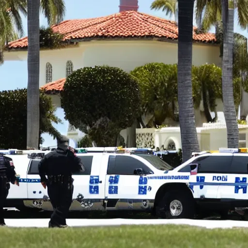 Image similar to mar-a-lago, multiple fbi agents carrying boxes, police tape, police suburbans
