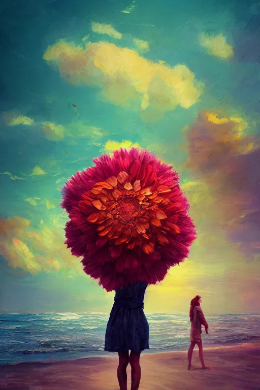 Image similar to closeup, giant flower head, a girl on beach, surreal photography, wind and cold, dramatic sky, impressionist painting, digital painting, artstation, simon stalenhag