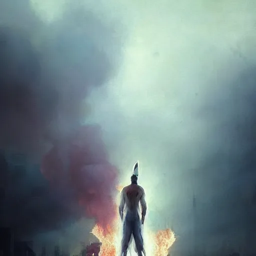 Image similar to epic portrait an beautiful man wearing white bunny suit with bunny ears, muscular, dirty, flames in backround, foggy city backround, broad light, ambient occlusion, volumetric light effect, made by ivan aivazovsky, peter mohrbacher, greg rutkowski, matte painting, trending on artstation, 4 k, perfectly defined features, digital painting,