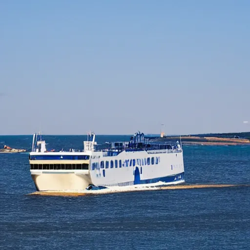 Image similar to a blue white black ferry at the sea outside helsingborg