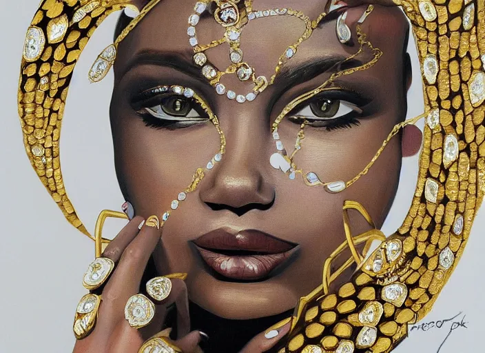 Prompt: painting of a female wearing hundreds of gold and platinum rings, by alex petruk