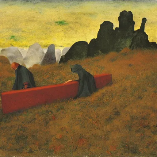 Prompt: serene, dull by ambrosius benson, by emil nolde. a illustration of a coffin being carried by six men through an ethereal, otherworldly landscape. the men are all wearing hooded cloaks. the landscape is eerie & foreboding, with jagged rocks & eerie, glowing plants.