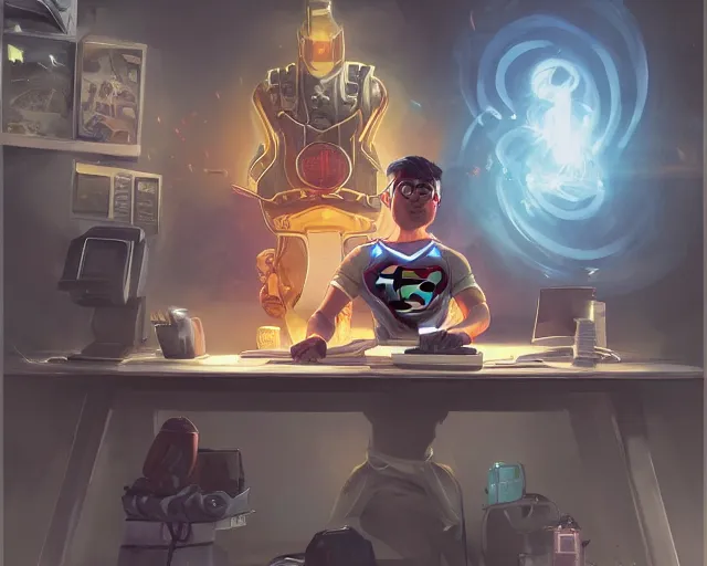 Image similar to an insanely detailed painting of a nerdy asian man wearing a superhero costume, sitting at a desk, staring at the nervously at the computer and typing, in the style of peter mohrbacher, dramatic lighting and composition, octane render, pixar, trending on artstation, concept art, comic book, view from behind