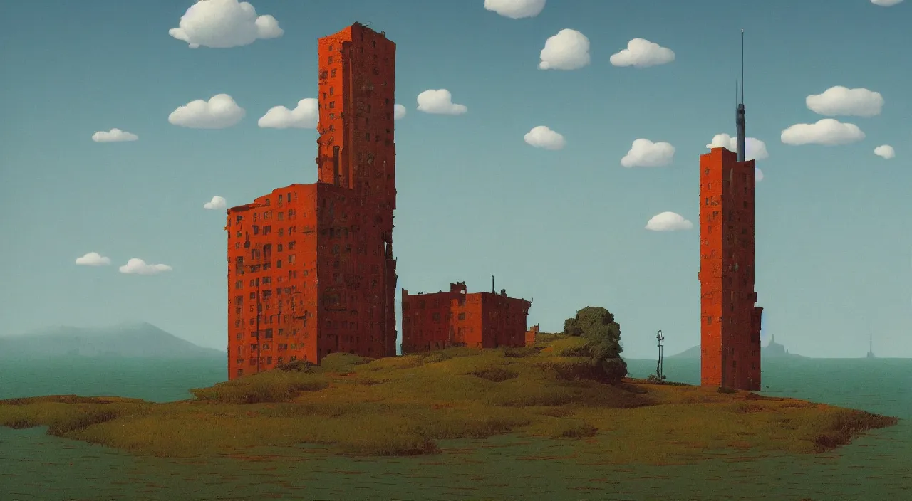 Image similar to single flooded simple ancient steel tower, very coherent and colorful high contrast!! masterpiece by rene magritte simon stalenhag carl spitzweg syd mead norman rockwell edward hopper james gilleard, minimalist, dark shadows, sunny day, hard lighting