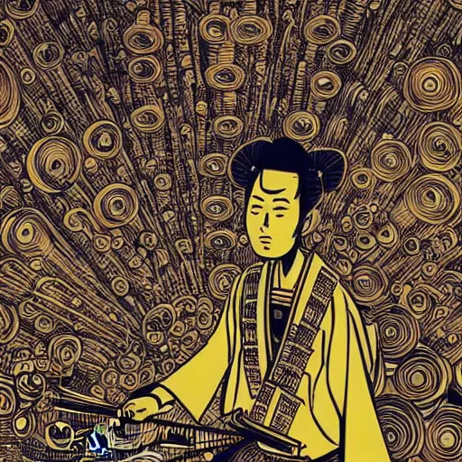 Image similar to intricate detailed artwork of a samurai dj at an underground warehouse rave in the style of Geof Darrow, wires, speakers, neon