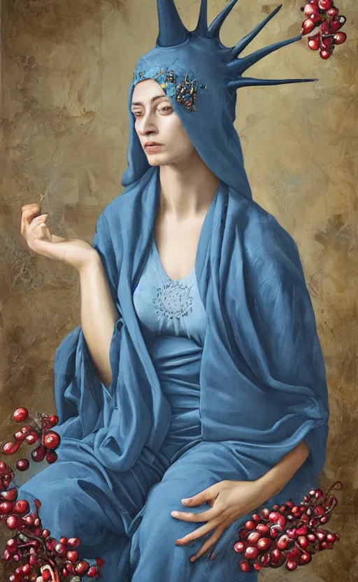 Prompt: a painting of a woman in plain blue robes, hands in lap with scroll, lunar crescent, horned diadem, large cross on chest, palm leaves, pomegranates, a surrealist painting by marco mazzoni, peter mohrbacher, cgsociety, neo - figurative, detailed painting, rococo, oil on canvas, biomorphic, lovecraftian