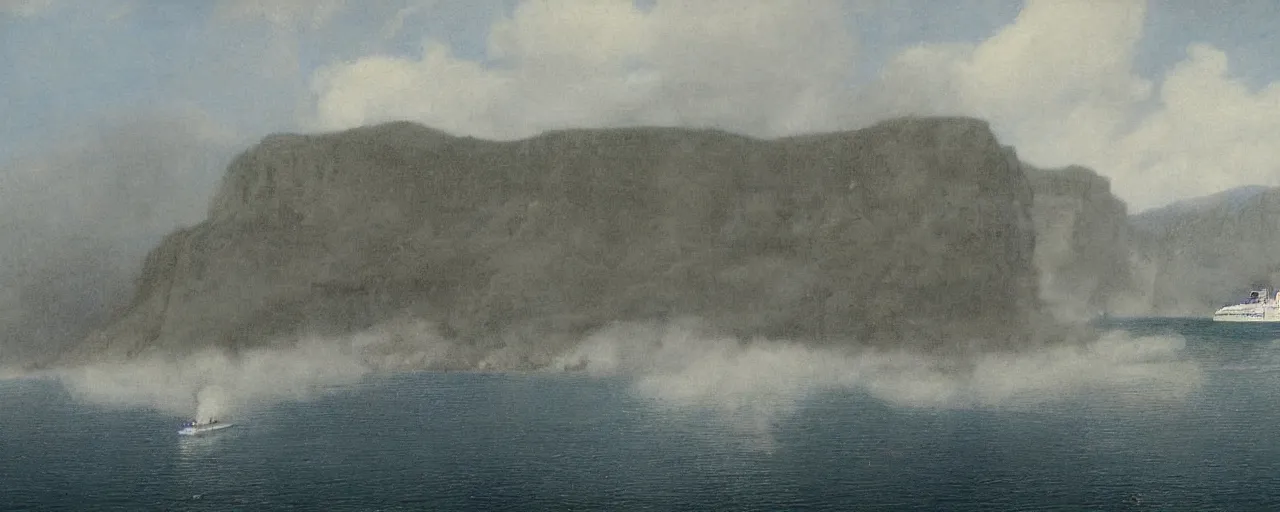 Prompt: cruise ship colossus near misty black cliffs over steamy water by Fernand Khnopff, matte painting