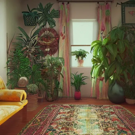 Image similar to 1 9 6 9 living in an older house, hippie pad, hippie chic, antiques, tropical houseplants, beaded curtains, posters on the walls, persian rugs, artstation, octane, 8 k, mildly desaturated.