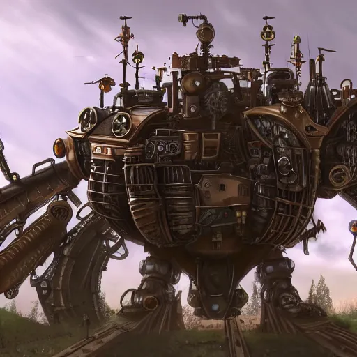 Prompt: steampunk huge mech fortress travels across a swedish forest very low angle photograph trending on artstation