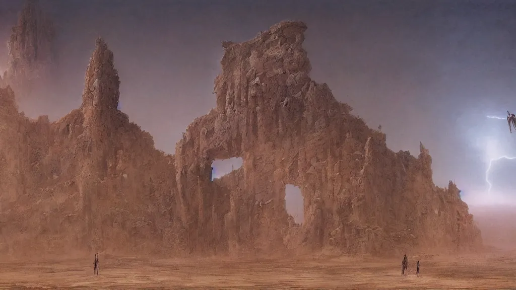 Prompt: a highly detailed Ruin in the desert, giant statues of snakes, singular lightning, very heavy fog in the distance, slightly sharp foreground, rift in the floor, digital art by Zdzisław Beksiński , Ruan Jia, Rudolf Béres