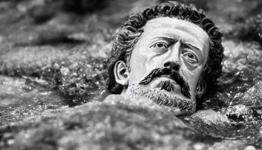 Image similar to 1 9 6 0 s movie still close up of marcus aurelius ill tired frozen to death by the side of a river with gravel, pine forests, cinestill 8 0 0 t 3 5 mm, high quality, heavy grain, high detail, texture, dramatic light, anamorphic, hyperrealistic, detailed hair