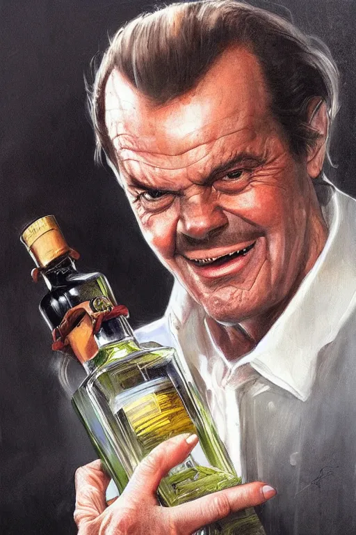 Image similar to imagine a ship in a bottle but instead of a ship a young jack nicholson is in the bottle, jack nicholson, fancy whiskey bottle, masterpiece painting by artgerm and greg rutkowski