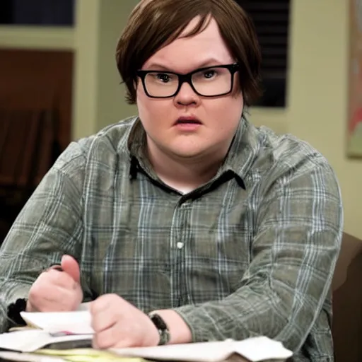 Prompt: clark duke pretending to be dwight schrute