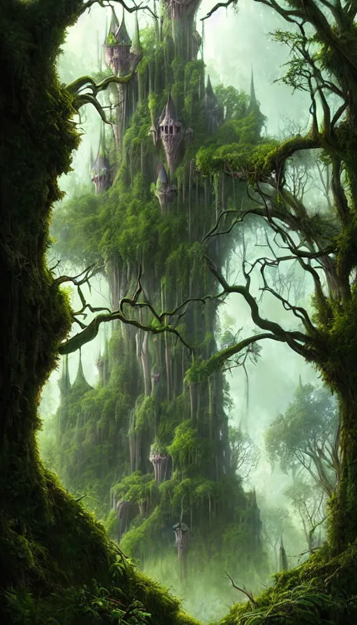 Image similar to fairy palace, castle towers, gnarly trees, lush vegetation, forest landscape, painted by tom bagshaw, raphael lacoste, eddie mendoza, alex ross concept art matte painting