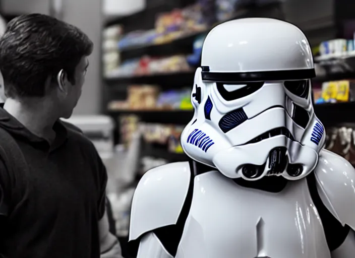 Image similar to film still of a storm trooper holding a cup of coffee in a convenience store working as a clerk in a convenience store checking out a storm trooper in the new Star Wars movie, 4k, black and white