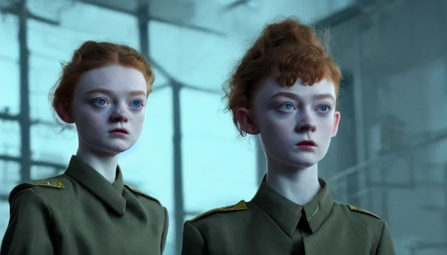 Image similar to sadie sink with military cut hair in oversized man's coat : a still from a scifi soviet cyberpunk film from 1 9 8 0 s. by steven spielberg and james cameron. 6 5 mm low grain film stock. sharp focus, realistic facial expression, perfect anatomy, global illumination, radiant light, detailed and intricate environment, trending on artstation