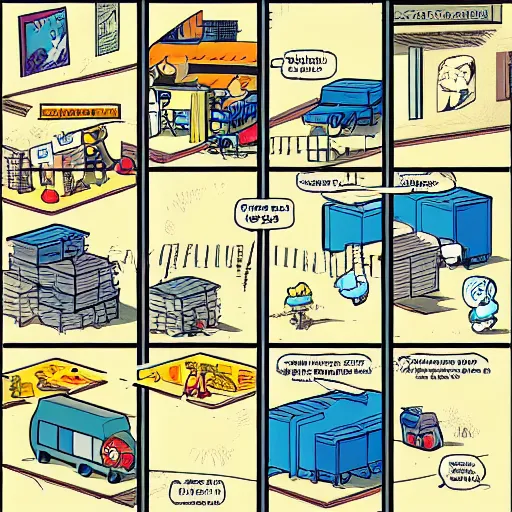 Image similar to a comic strip storyboard layout, award winning isometric illustration by alan davis