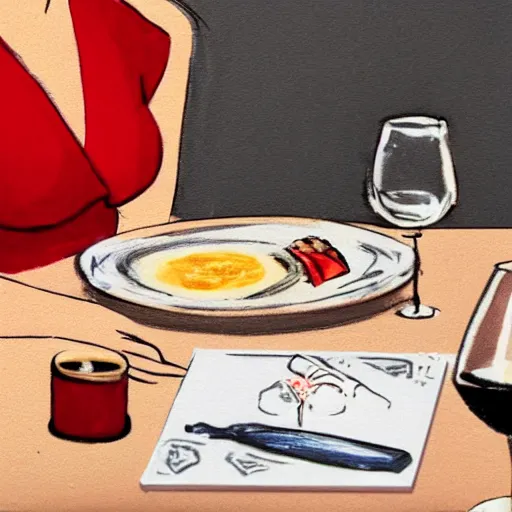 Image similar to sketch of a girl in a red dress on a date night sitting on the table from front with a wine sushi on the table