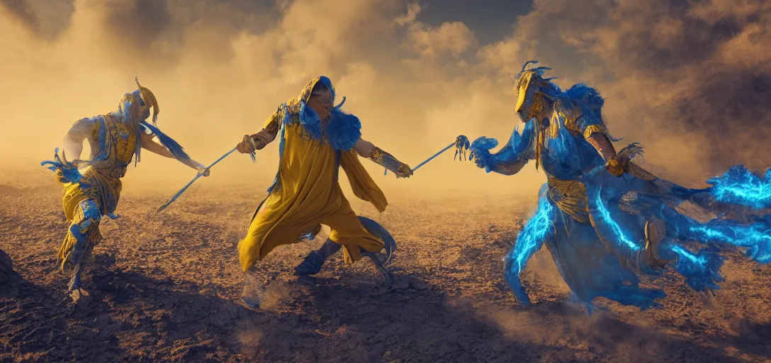 Prompt: a warrior in blue and yellow robes fighting a beast in a desert, detailed face, luminescent eyes, sunny weather, rendered in octane, realistic, 8 k, vivid, intricate, detailed, mist, fog, dramatic light