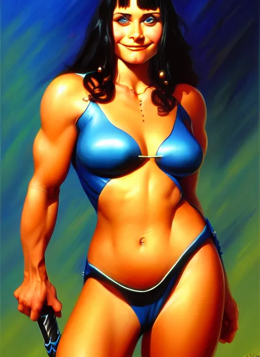 Prompt: portrait of cute young courtney cox as a slightly chubby amazon girl, full body, painted by stanley artgerm, boris vallejo, fantasy art, sleek curves, sharp focus, trending on artstation hq, deviantart