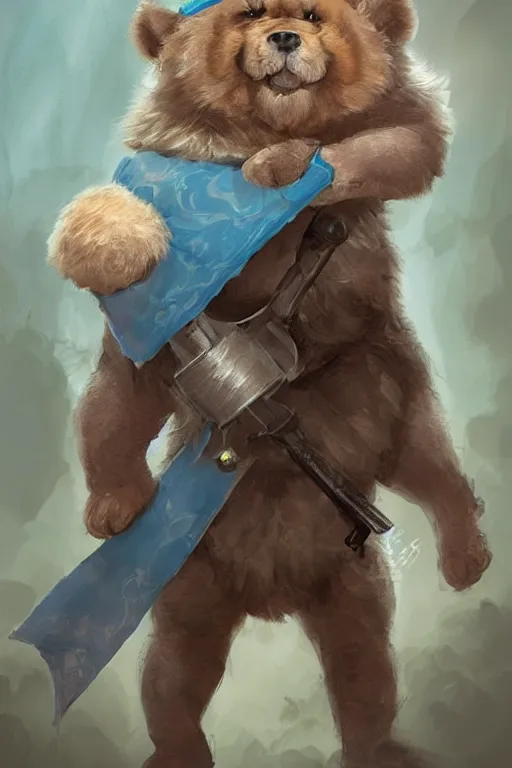 Image similar to cute anthropomorphic blue tong chow chow knight wearing a cape and a crown and holding a sniper, tiny, small, miniature chow chow, baby animal, short, pale blue armor, cute and adorable, pretty, beautiful, DnD character art portrait, matte fantasy painting, DeviantArt Artstation, by Jason Felix by Steve Argyle by Tyler Jacobson by Peter Mohrbacher, cinematic lighting