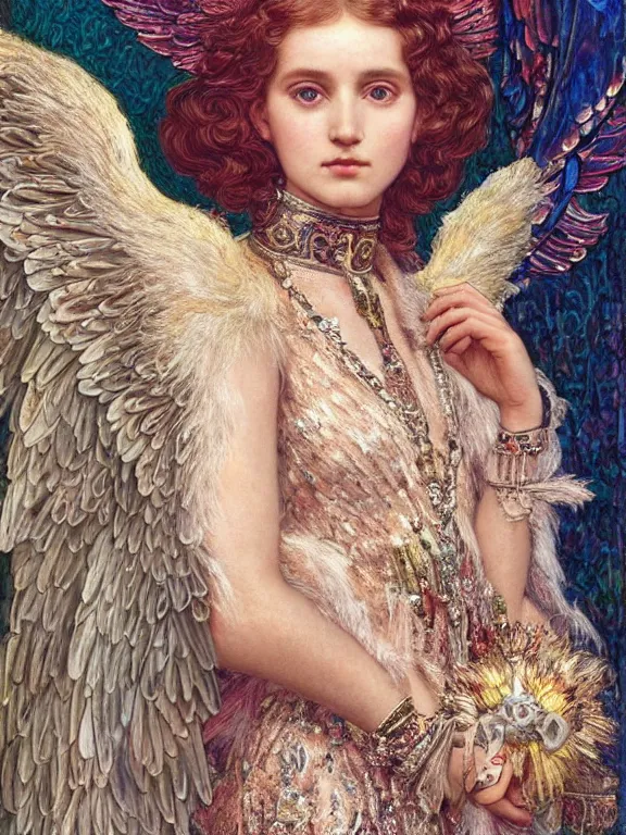 Image similar to a 65mm fashion portrait of an angel who has huge wings embellished sequined feather-adorned,by William Holman Hunt，tom bagshaw,Ekaterina Belinskaya，marie spartali Stillman,William Morris,GUCCI,DIOR,trending on pinterest，maximalist,glittering,feminine